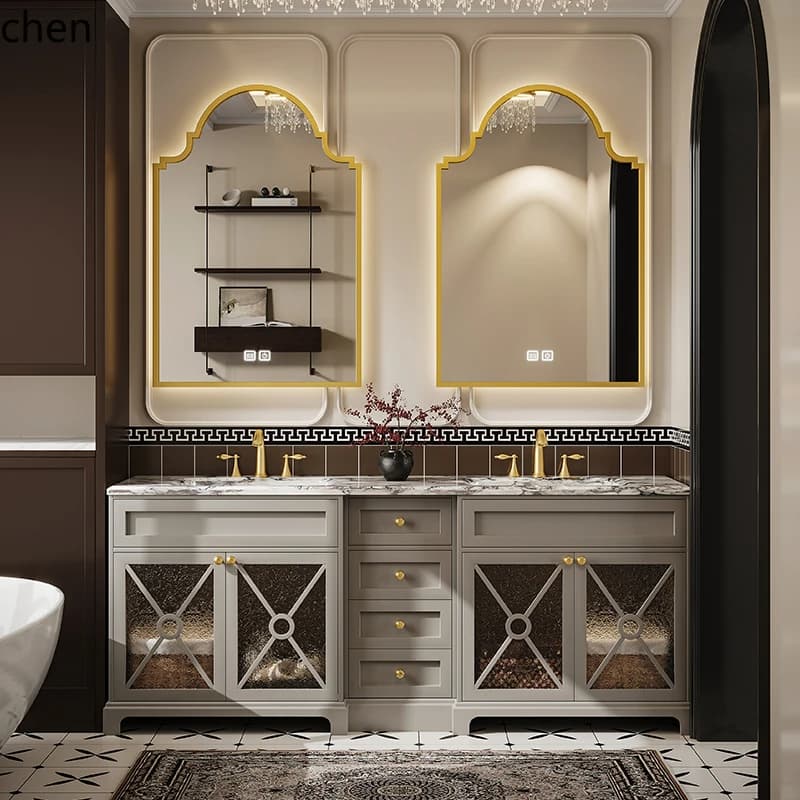 HXL double basin oak floor-to-ceiling  bathroom cabinet combination washbasin cabinet bathroom