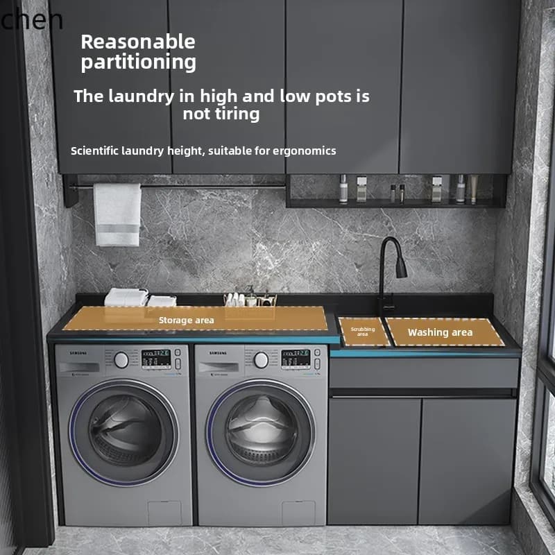 FF Space Aluminum Washing Machine Cabinet High And Low Basin Laundry Cabinet With Washboard