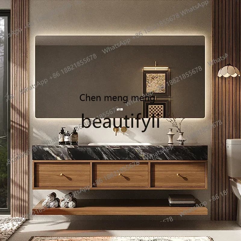 ss8350 Medieval high-end bathroom cabinet combination bathroom luxury stone seamless ceramic basin washstand