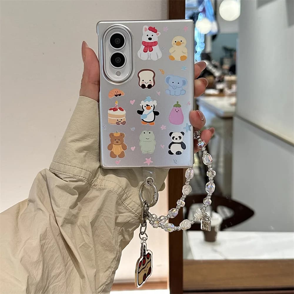 Cute Cartoon Animal Sticker Print Phone Case For Samsung Galaxy Z Fold 8 Ultra Silver Protective Cover Chain Charm For Women