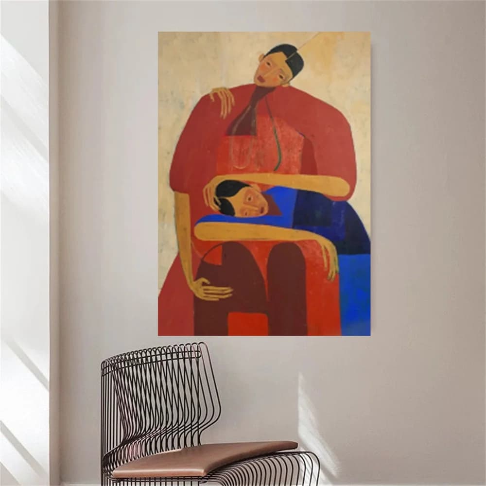 100% Handmade Picasso Style Figure Oil Painting on Canvas Strong Contrast Color Red Wall Art Picture for Living Room Home Decor