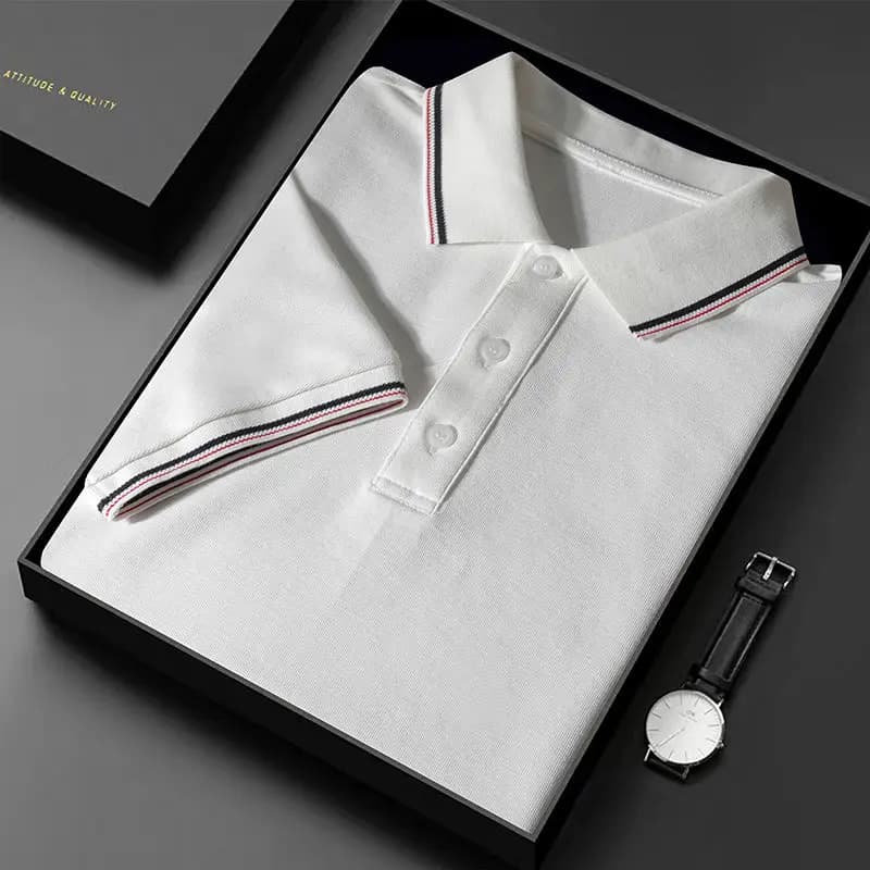 Men's Spring Summer Collared Polo Shirt Short Sleeve Pure Color Striped Buttoned Business Casual White Top for Fashionable Men