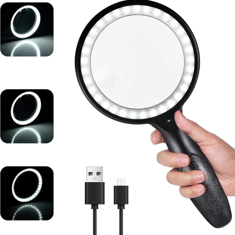 Reading Magnifier 5x 10x Handheld Magnifier USB Rechargeable - 33 Piece LED Magnifier for Close-Up Work, Repair and Reading