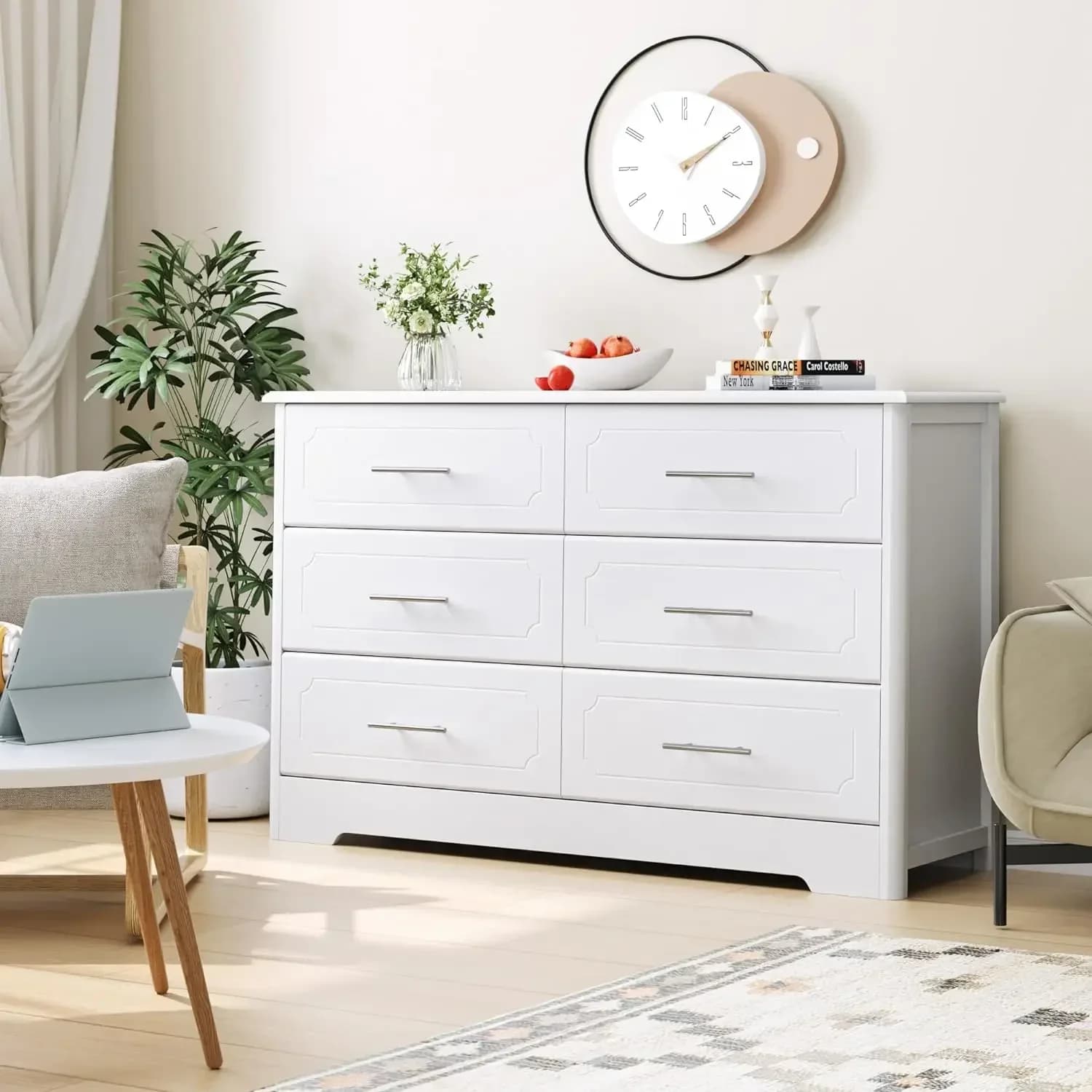 Furniture 6 Drawer Dresser, Modern White Wide Chest of Drawers with Metal Handels, Wood Double Dresser, Storage Chest