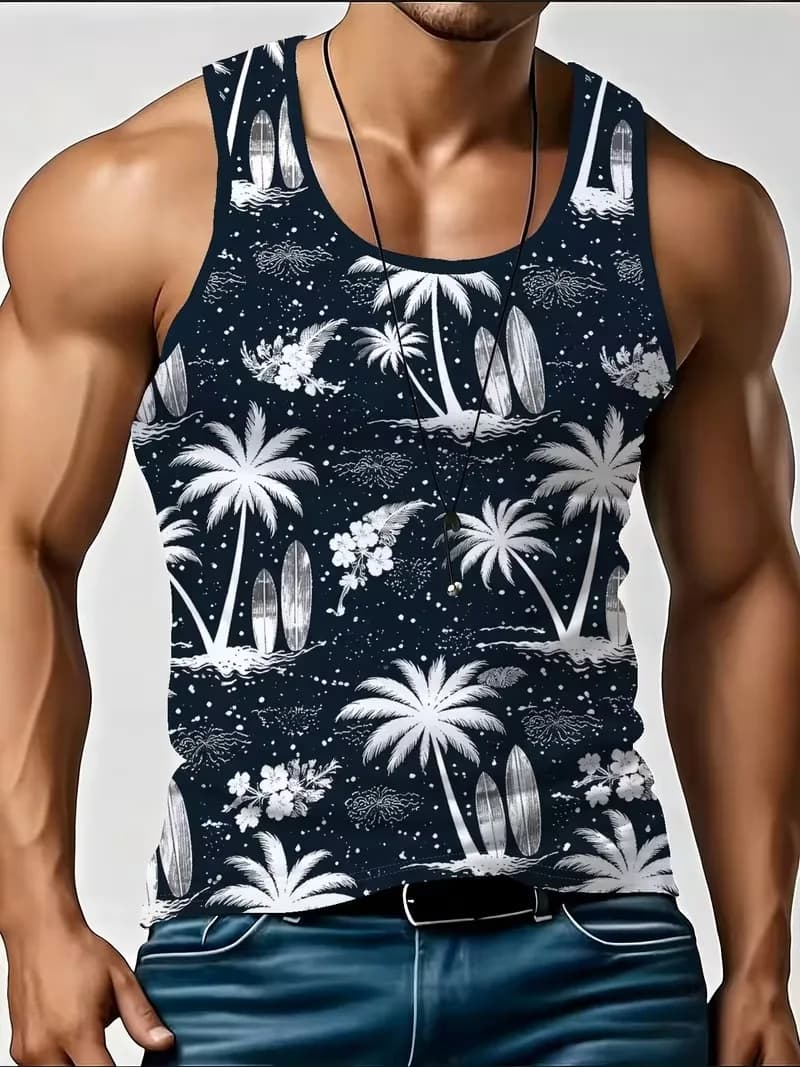 Men's blue Tropical Palm Tree Full Moon Beach Graphic Tank Top Sleeveless Muscle Vest Summer Holiday Casual Workout Tank Shirt