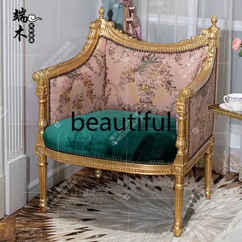 French solid wood carving flower single sofa gold retro pink fabric jacquard negotiation chair leisure sofa