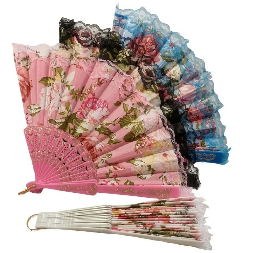 4/12/20Pcs Boho Lace Flower Plastic Folding Fans Decor for Wedding Party Xmas Halloween Easter Valentine's Mother's