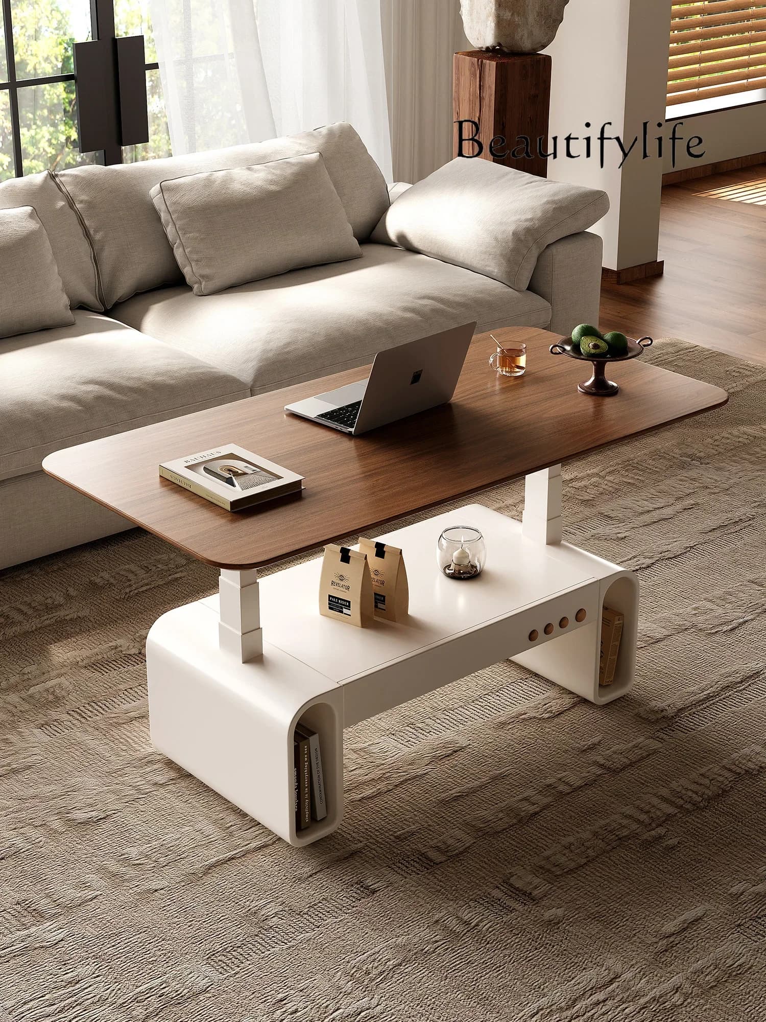 BJ Lifting Coffee Table Living Room Light Luxury Modern High-end Sense Simple Solid Wood Coffee Table Integrated Dual-purpose