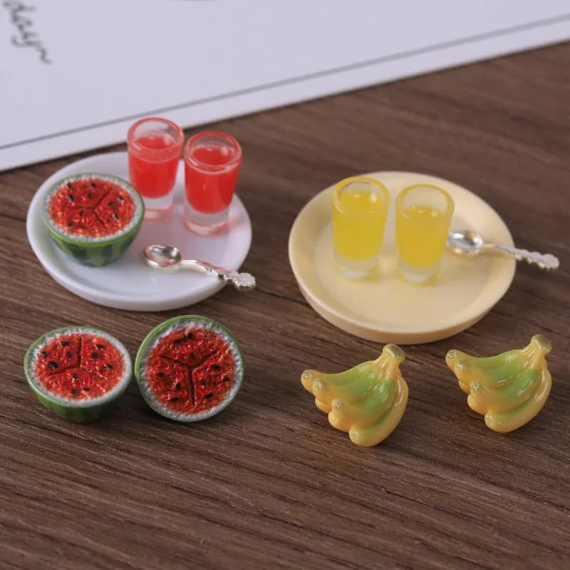 1set Mini Fruit Watermelon Slice and Banana Drink Plate Set DIY Dollhouse Food Model Miniature Desktop Decoration Home Decor