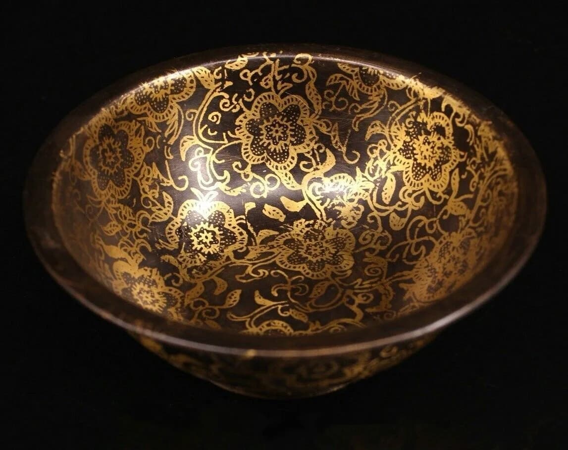 6'' Old Chinese Dynasty Pure Copper Gilt Flower Flowers Pattern Wine Tea Bowl