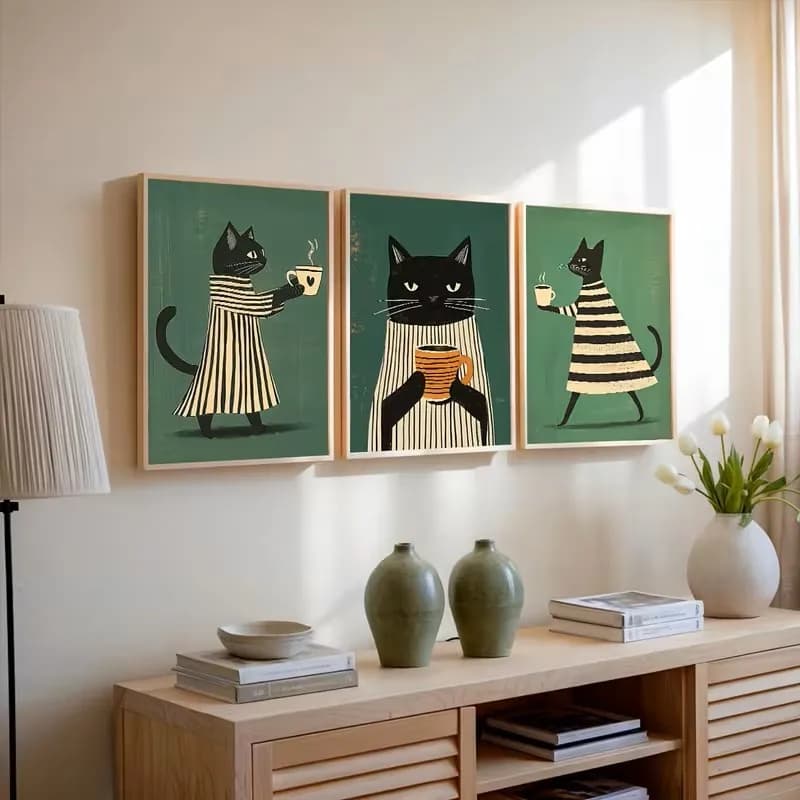 3pcs Black Cat Coffee Leisure Wall Art Printing Green Posters Retro Fun Wall Decorations Black White Kitchen Decorative Painting