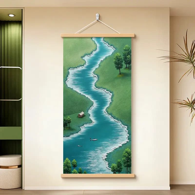 Wall Art Blue River and Cream Textured Shore Modern Minimalist Pearlescent Canvas Hanging Scroll for Living Room Dining Room