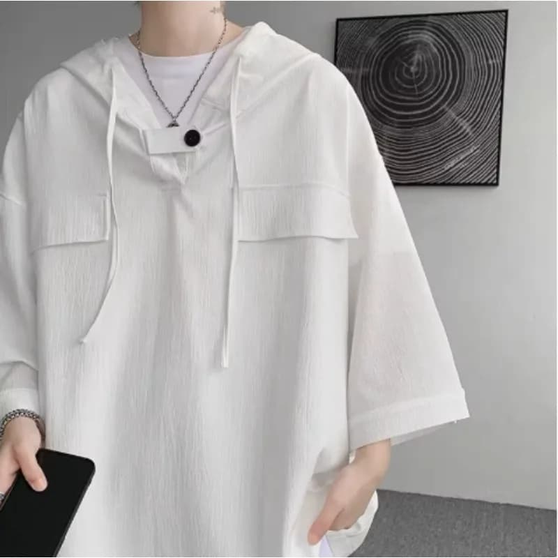 Summer Hooded T Shirt Men Korean Half Sleeve Pullover Streetwear Loose T-Shirt Tops Drawstring Men Clothing