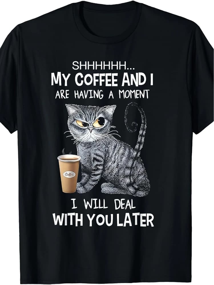 Funny coffee cat printed men's T-shirt, 100% cotton fabric, round neck, short sleeves, regular fit.