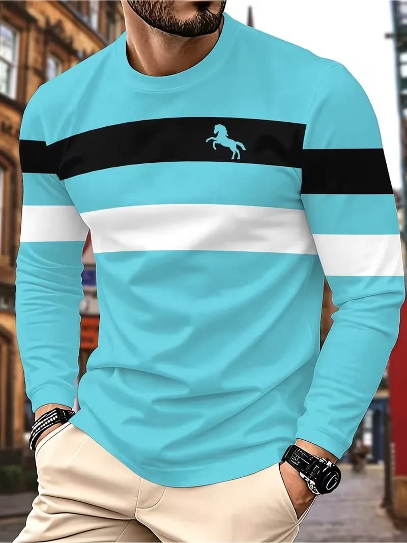 New Color Collision T-shirt Men's Stripe Print Round Neck Long Sleeved T-shirt Autumn Trendy Daily Casual Street Men's Clothing