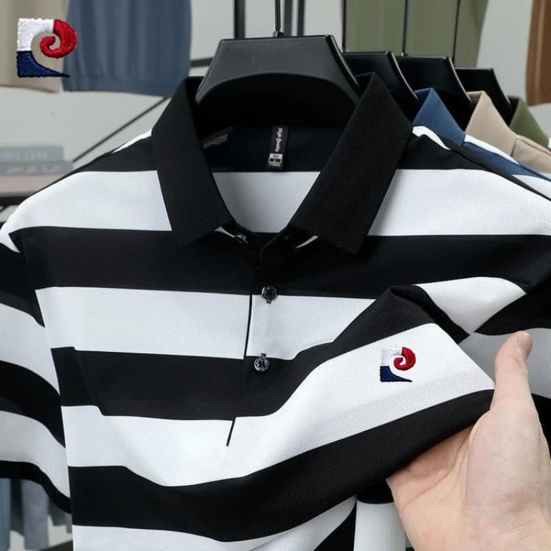 New Summer High-Quality Striped Short-Sleeved Polo Shirt for Men, Fashionable and Casual, Breathable, Silky and Cool T-Shirt Top
