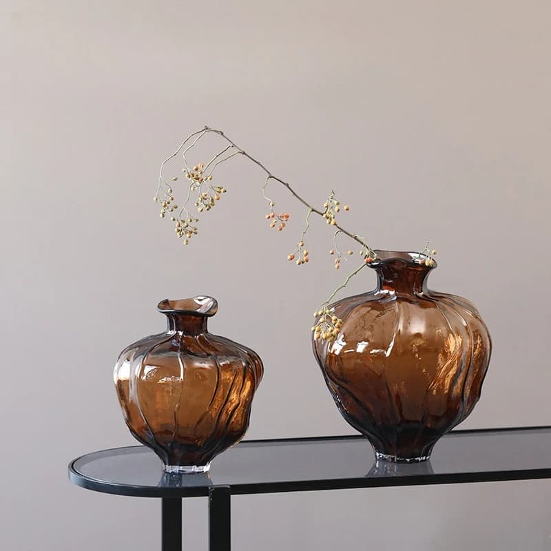 Handmade wavy mouth lace new brown belly glass vase model room living room decoration