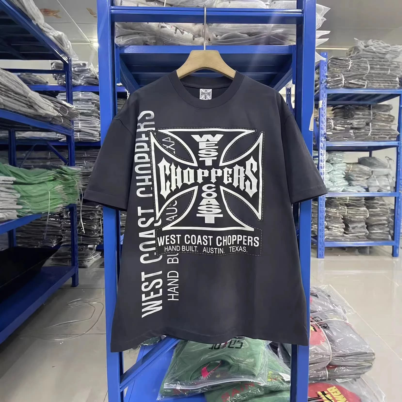 West Coast Choppers 26SS Custom-made navy blue water-washed short-sleeved T-shirt by West Coast Modellers