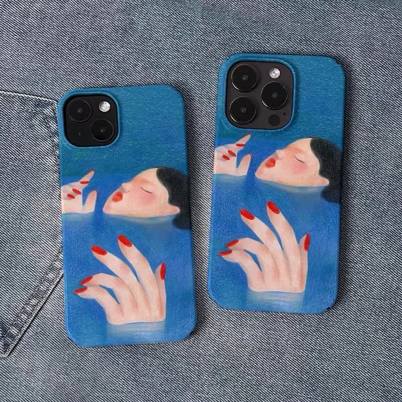 Ins Facial Hand on Blue Water Surface Case for IPhone 16E 15 14 13 Pro Max 12 Mini 11 Pro 16 Plus XR Shockproof Ultra Thin Cover