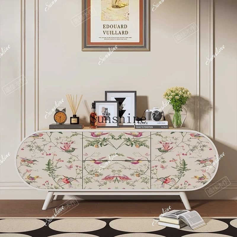 French cream style flower solid wood dining side cabinet household living room entrance storage cabinet  FT