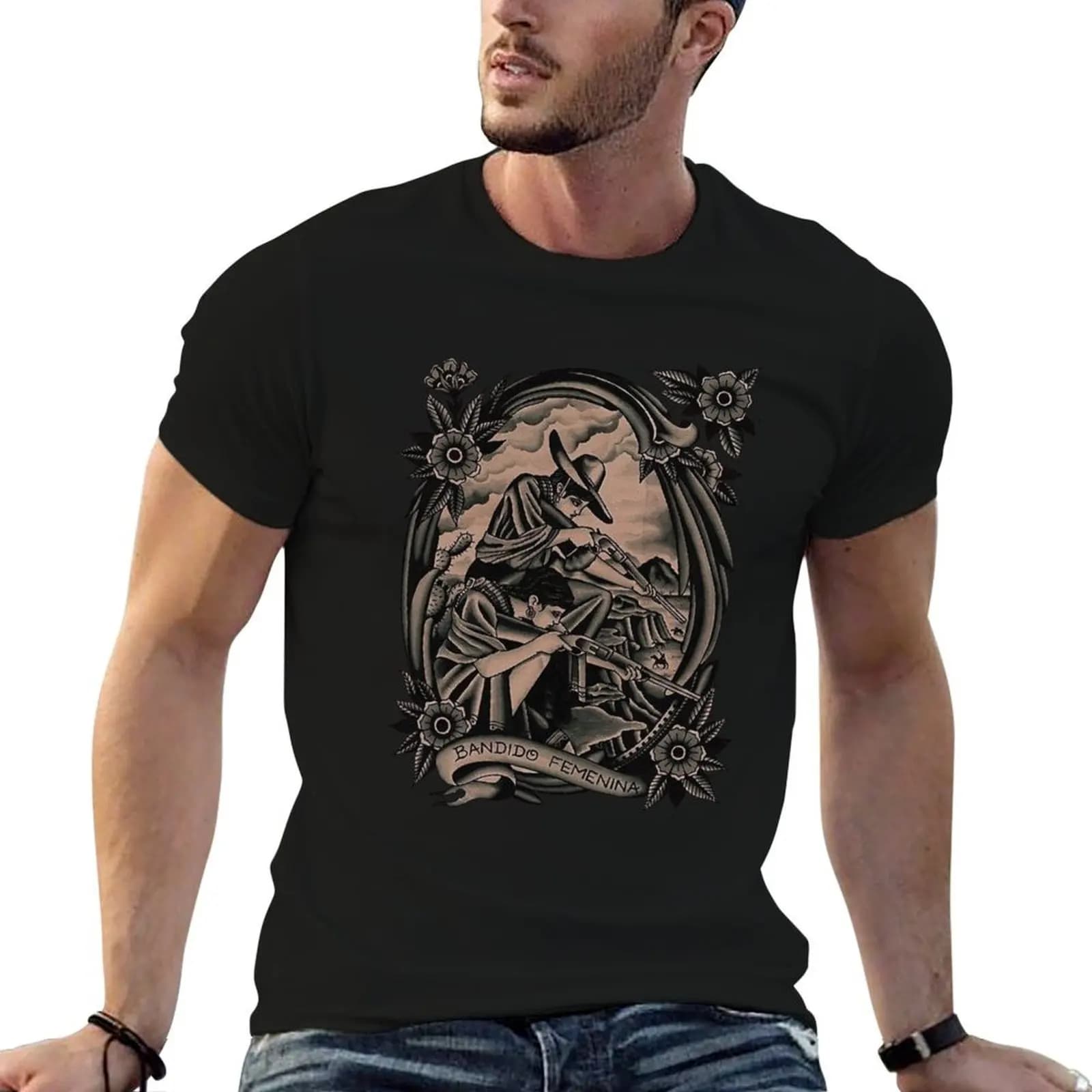 Traditional Beautiful Bandido Femenina Tattoo T-Shirt fashion shirts anime t shirts Men's t-shirts