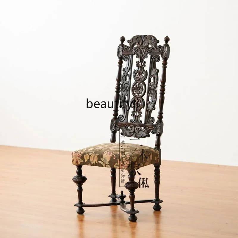 cc182French medieval dining chair solid wood carving flower classical chair American retro designer artistic fabric chair R