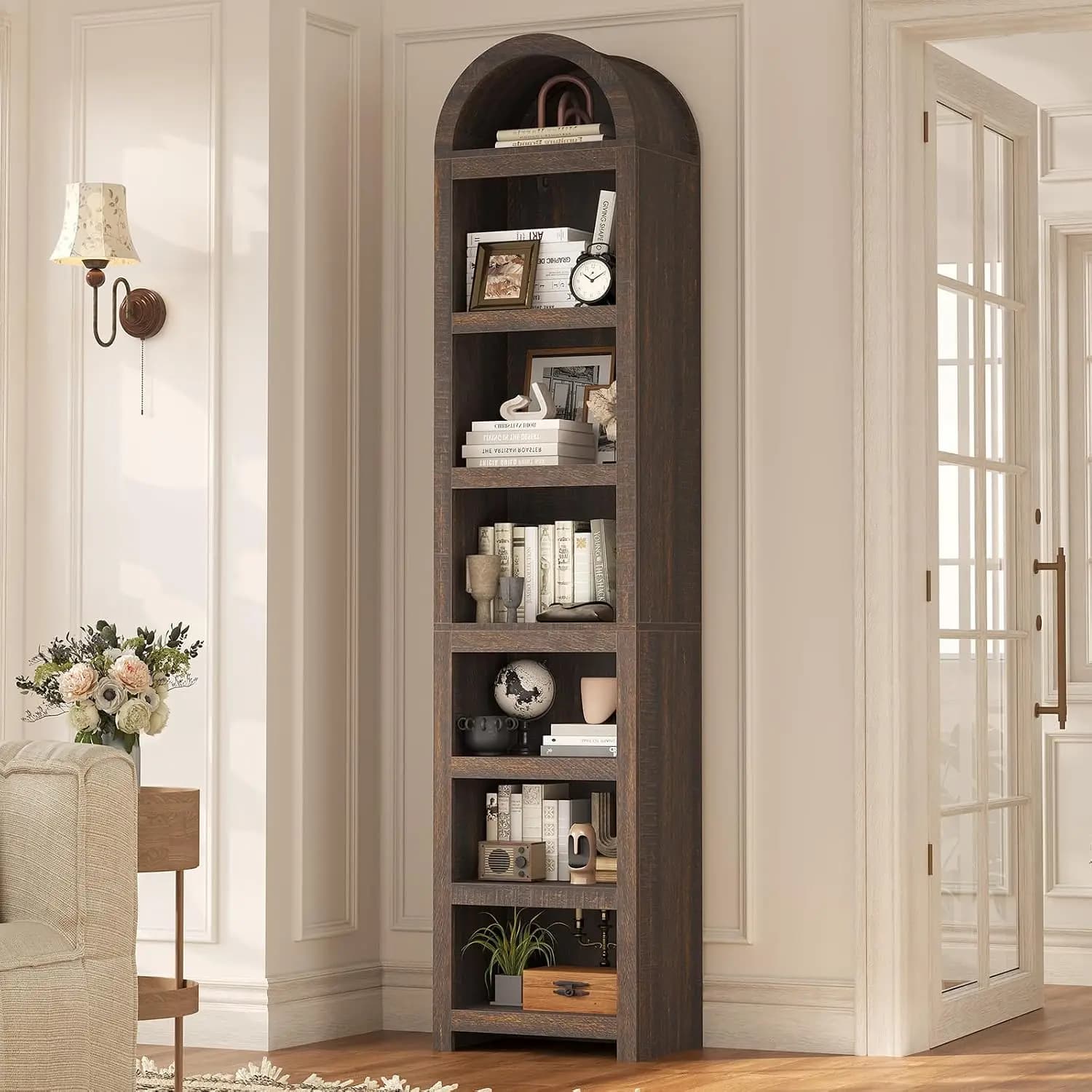 76" Tall Narrow Arched Bookcase,7-Teir Mid-Century Modern Bookshelf,Adjustable Shelves offering More Storage Space for Living