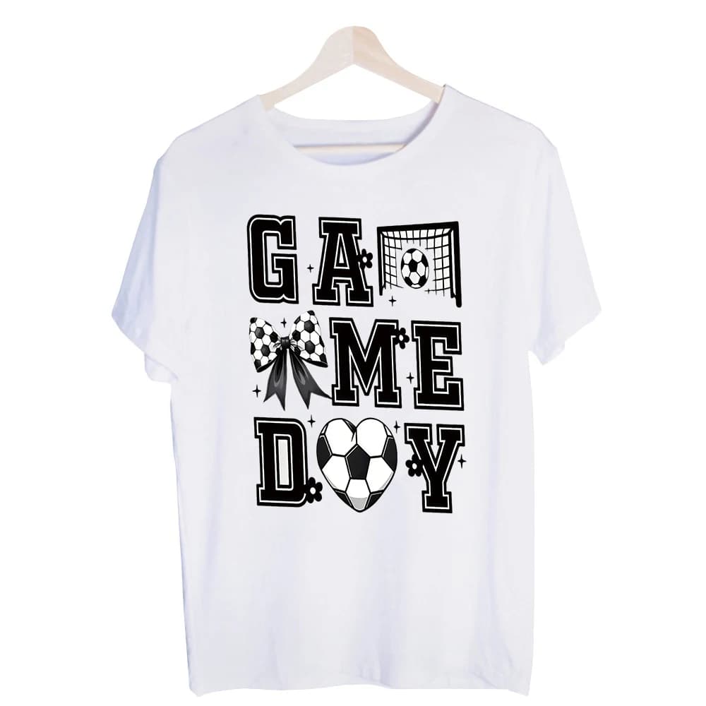 Women's Soccer Game Day Graphic Tee, Short Sleeve Crew Neck T-Shirt for Sports Events and Casual Outfits
