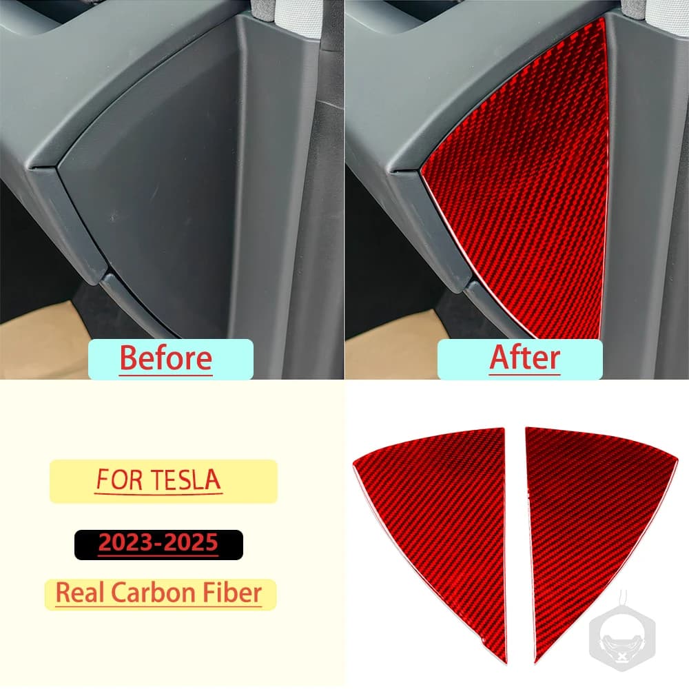 For Tesla Y 2023—2025 Car Dashboard Panel Side Trim Red Real Soft Carbon Fiber Interior Car Accessories Decoration Stickers