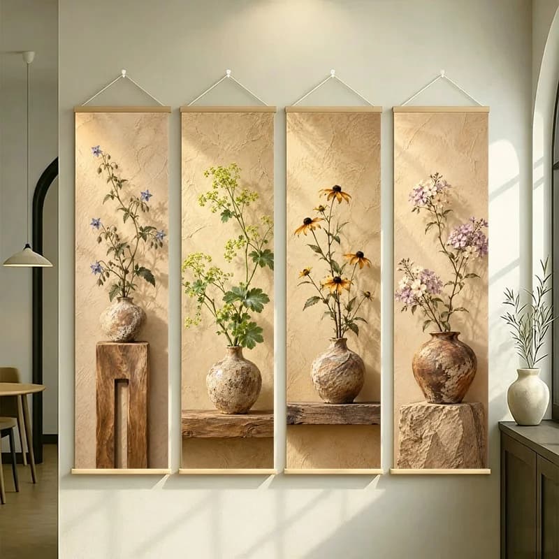 Wall Decor Phlox and Black Eyed Susan, Natural Wabi-Sabi Botanical Silver Shimmer Canvas Hanging Scroll for Zen Sanctuary