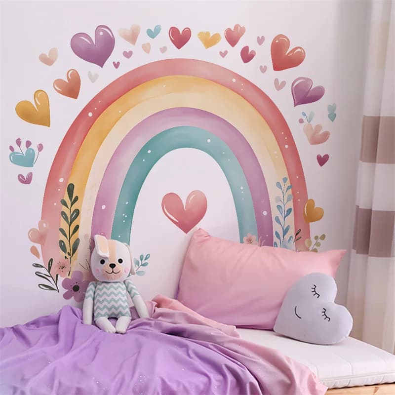 Rainbow Hearts Flowers Wall Stickers For Baby Room Nursery Decals DIY Self-adhesive Vinyl Murals Nordic Rainbow Poster Wallpaper