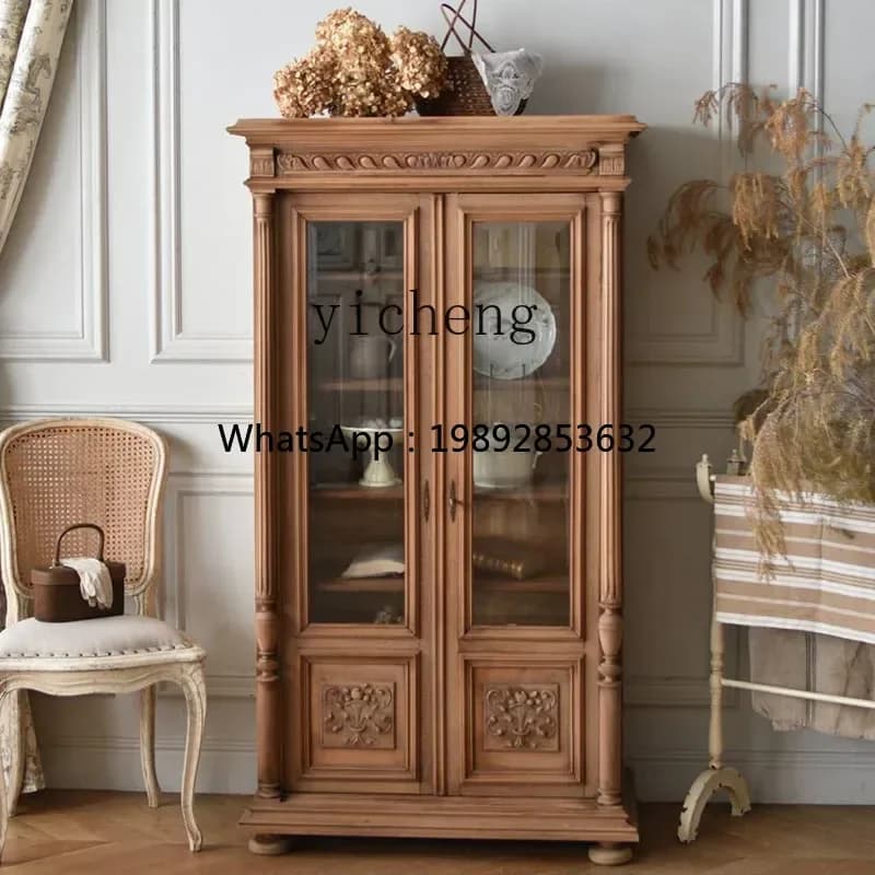 D1French Retro Solid Wood Sideboard Storage Cabinet Home Living Room Carved Wall-Mounted  Wine Cabinet Glass Display Cabinet
