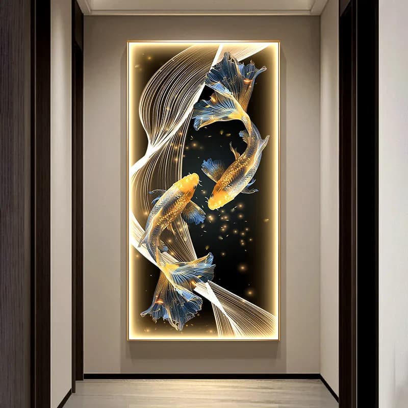 Modern Luxury Entrance Decorative Painting Abstract Art Golden Koi Hanging Painting Corridor Wall Decoration LED Light Painting