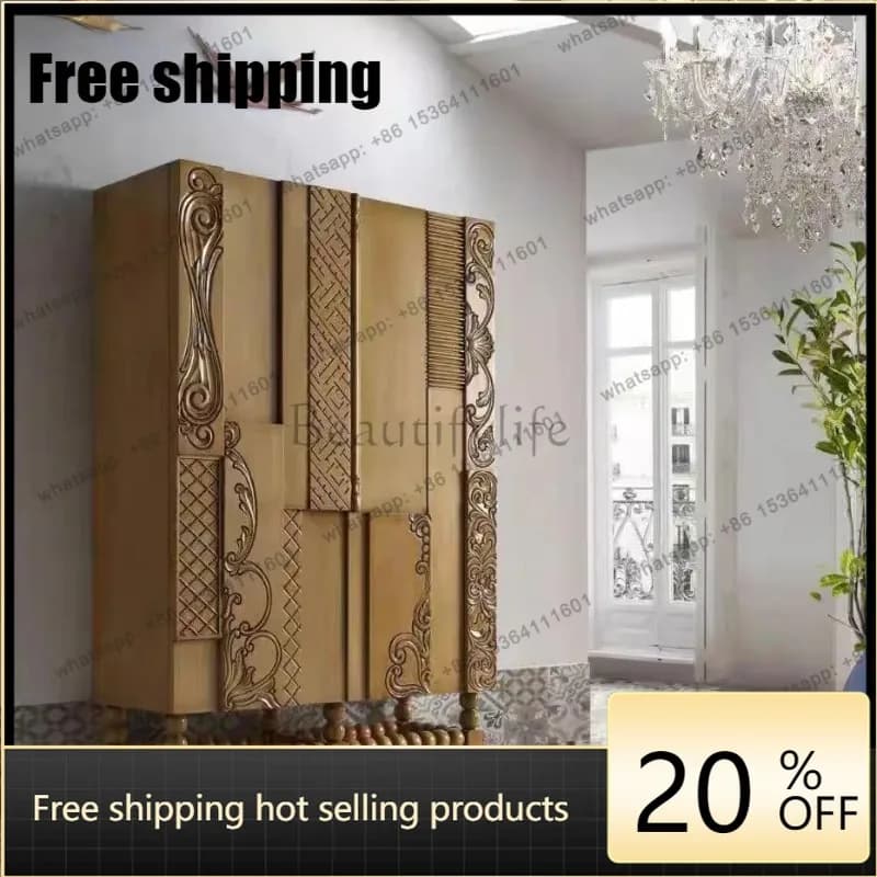 JJ  French Retro Solid Wood Bookcase Living Room Modern Simple Ash Wood Carving Flower Display Cabinet