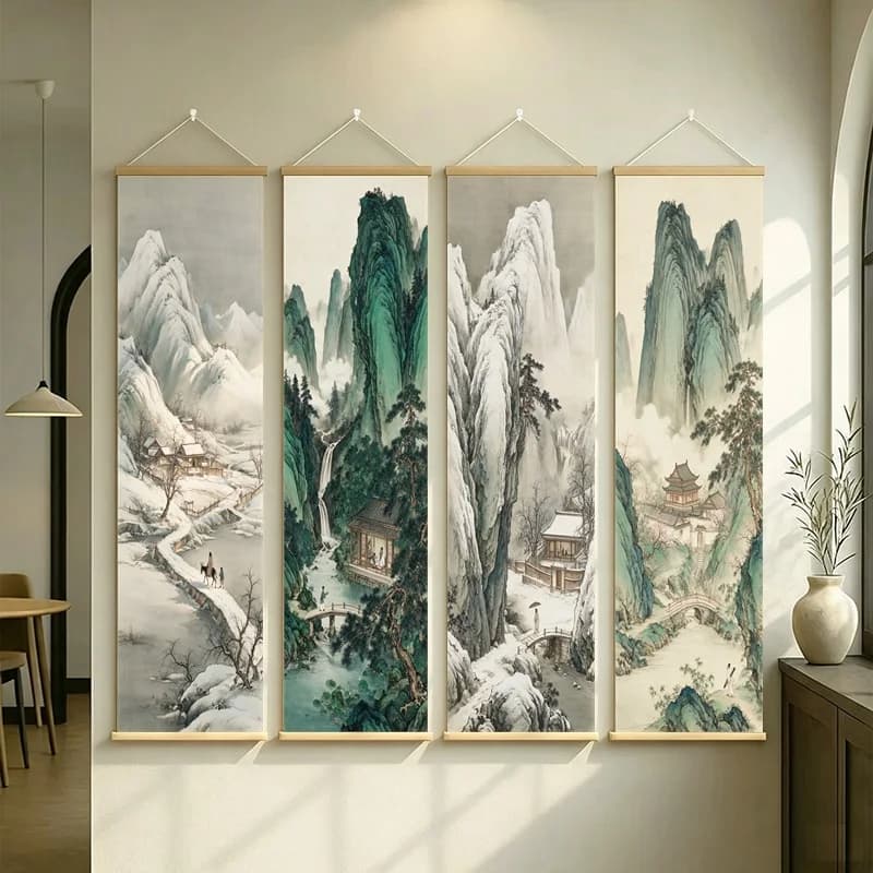 Hanging Scroll Wall Art Set, 1:4 Chinese Ink Wash Mountains and Pavilions, Silver Shimmer Canvas for Living Room Wall Decor