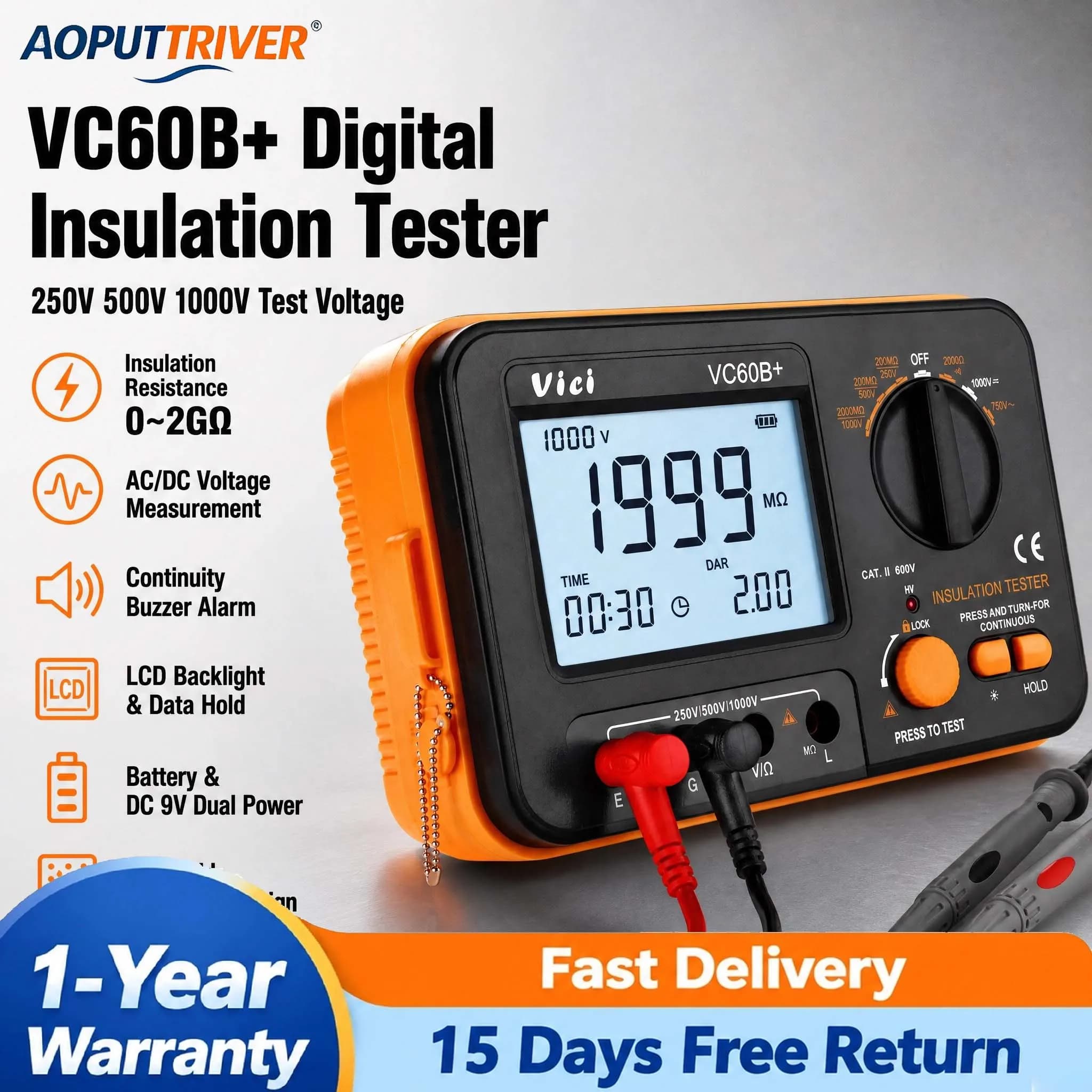 Digital Insulation Resistance Tester 1000V Megohmmeter 2000MΩ Megger AC DC Voltmeter Ohm Meter Electrician Cable Motor Test Tool