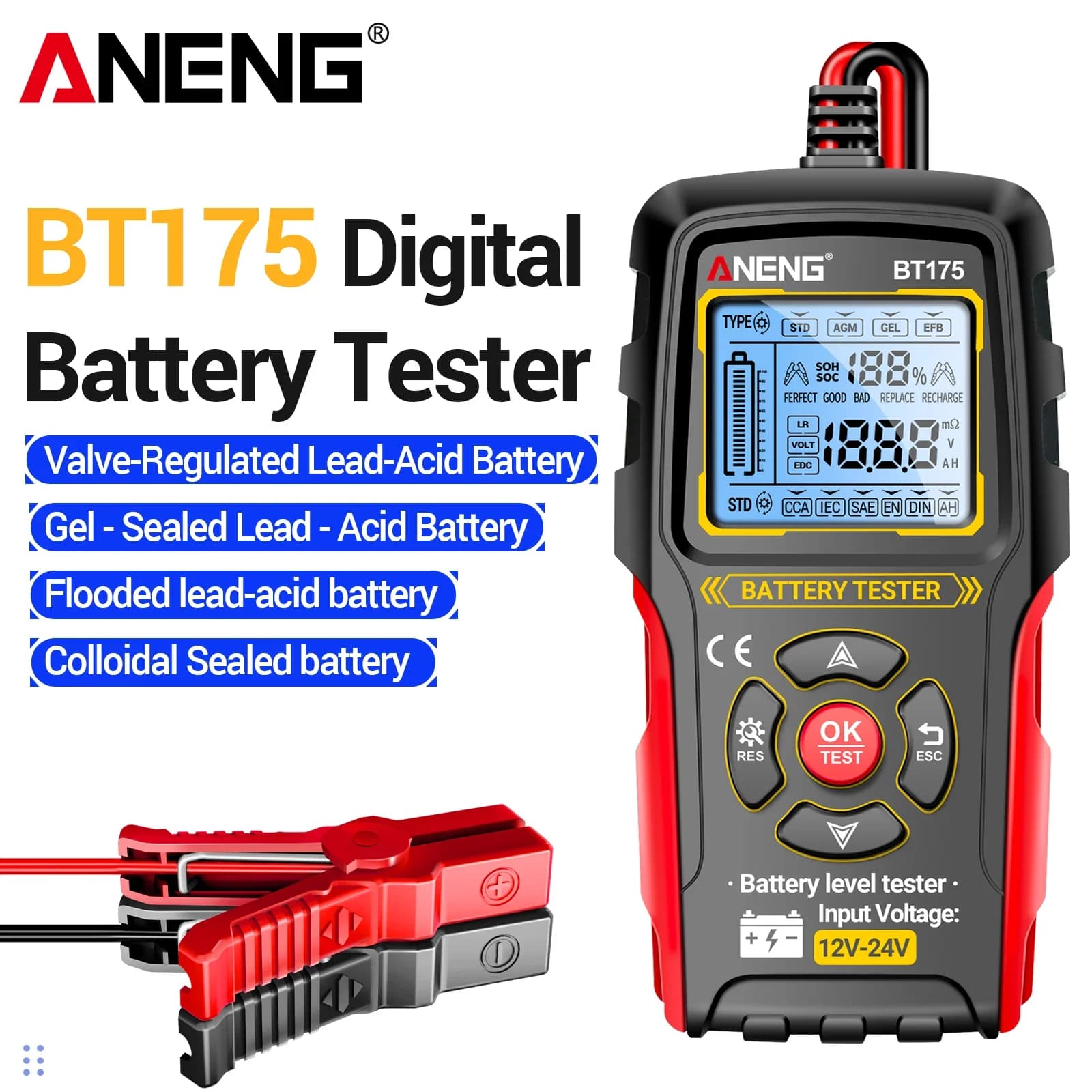 ANENG BT175 Battery Tester 12V 24V Automotive Battery Analyzer 50‑1999 CCA Insulated Alligator Clip Lead Acid Battery Load Tool