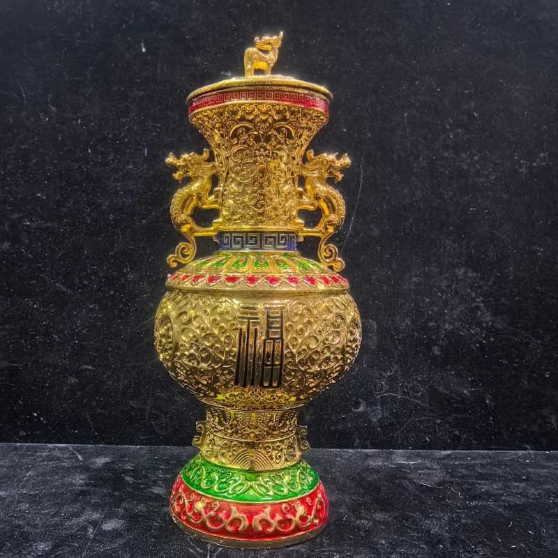 Miscellaneous Antique Items: Double Dragon Bottle with 'Fu' Character, Treasure Box, Copper Gilt Enamel Color Incense Burner wit