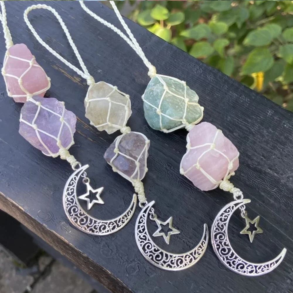 Natural Raw Stone Reiki Healing Crystals Dangling Star Moon Window Car Hanging Ornament Rose Quartz Citrine Black Tourmaline Etc