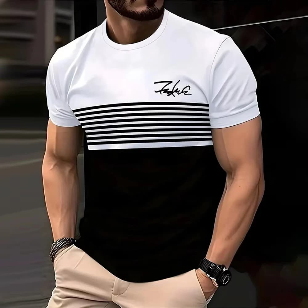 Fashion Stripe Print T Shirt For Men Summer Simple Style Short Sleeve Tops Casual Round Neck Oversized T-shirt High Quality Tees