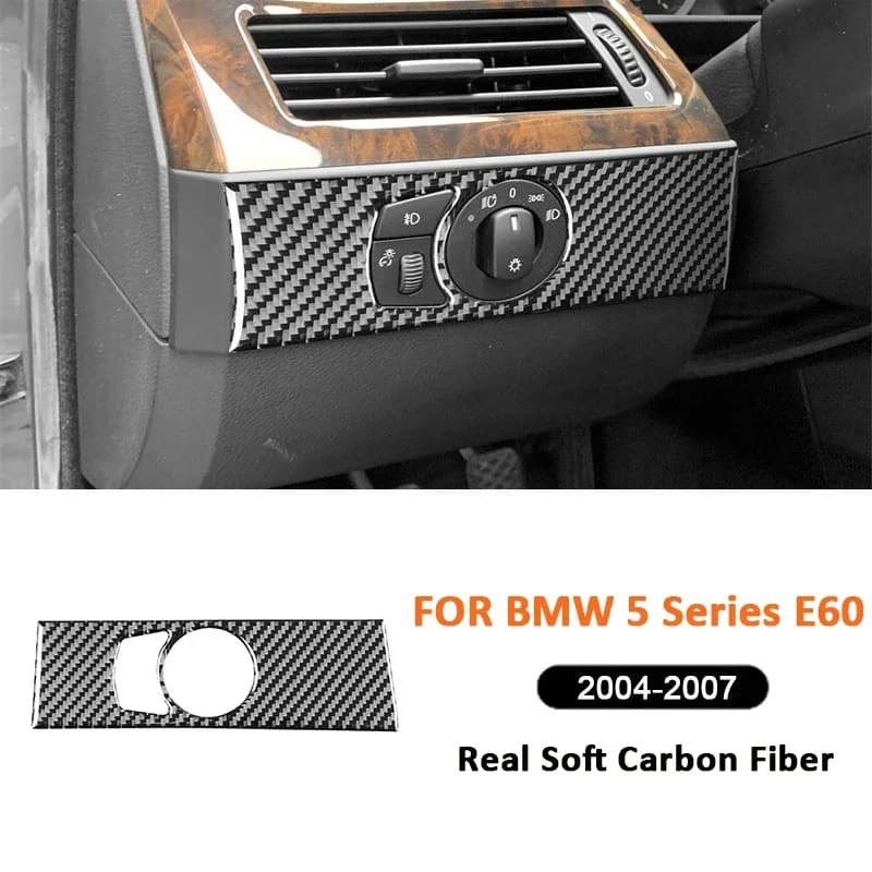 Carbon Fiber Car Headlight Control Switch Adjustment Panel Knob Trim Frame Decoration Sticker For BMW 5 Series E60 2004-2007