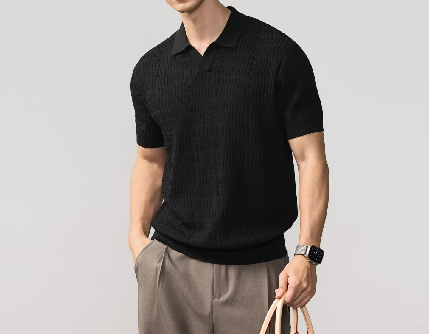 Textured Pit Strip Knitted POLO Shirt Casual Versatile Solid Color Short-sleeved Sweater Collar