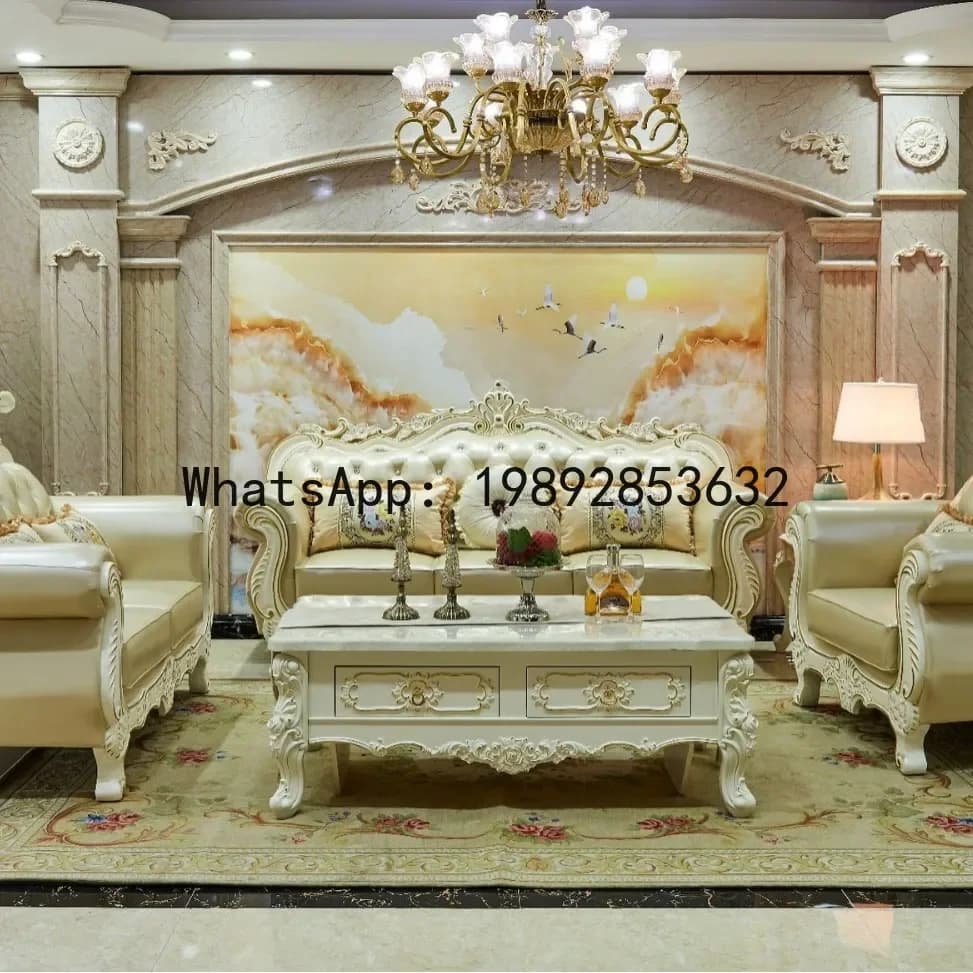4-10 genuine leather sofa - living room solid wood carved top grain leather french style leather sofa
