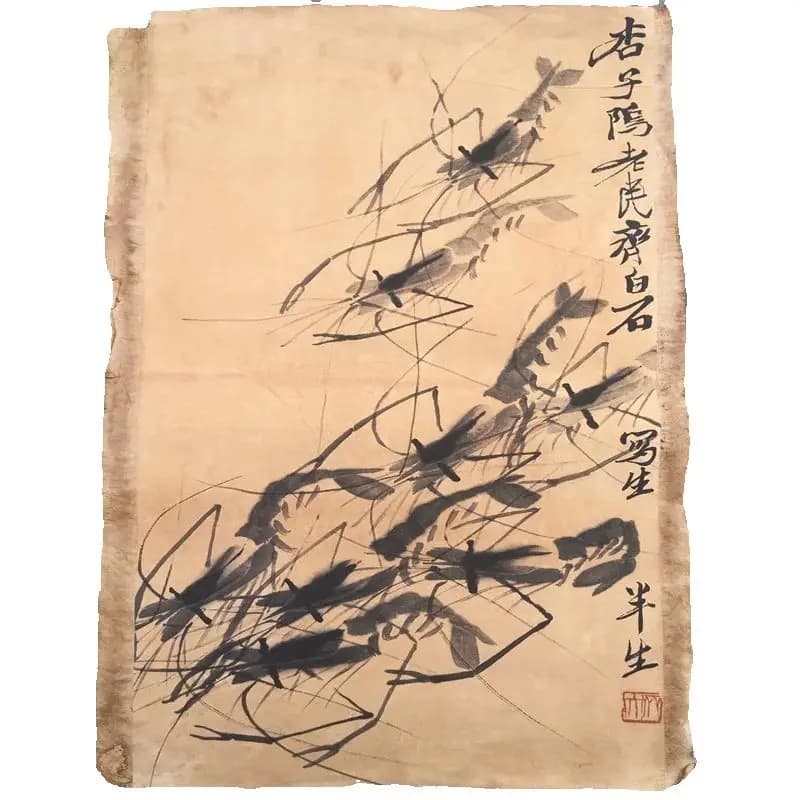 Qi Baishi Chinese Old Scroll Artist's Eight Shrimp Diagram Rice Paper Wall Painting Slice Traditional Oriental Art Decor