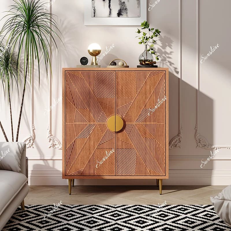 American light luxury style entrance shoe cabinet integrated household living room solid wood carving flower antique foyer