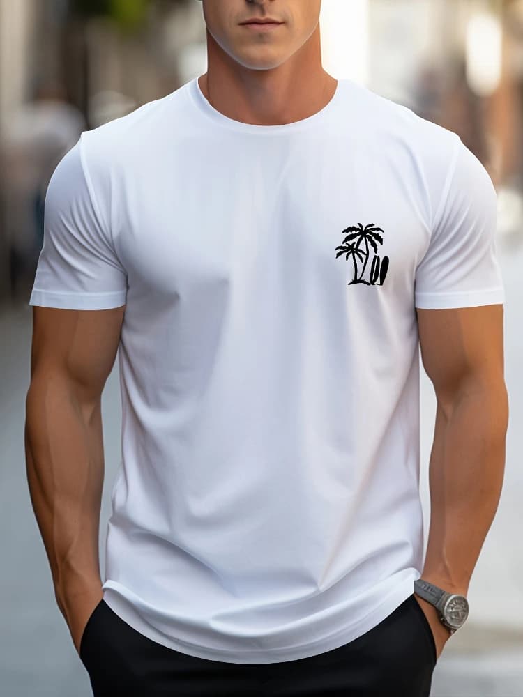 Palm trees and "surfing" casual cotton short-sleeved round neck printed T-shirts.