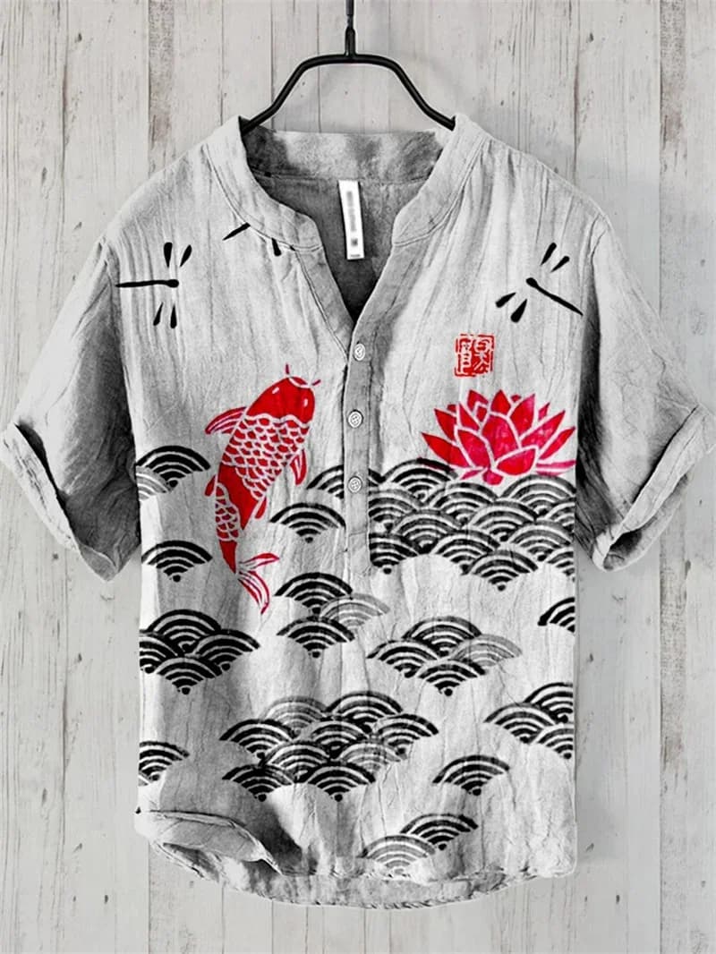 Spring and Summer Men's and Women's Shirts Independent Station Casual Fish Pattern Hawaiian Style Shirts Men's Tops 100% Linen
