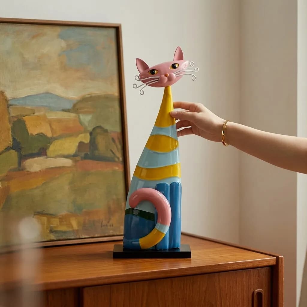 Colorful Striped Resin Cat Figurine Cute Animal-Shaped Home Decor Desktop Ornament