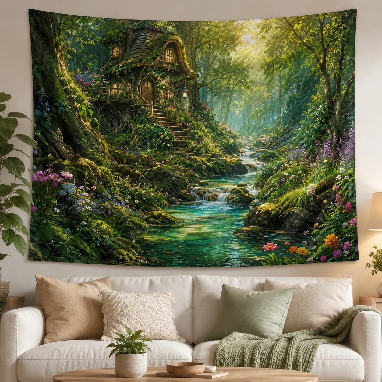 Fantasy Forest Cottage Tapestry Green Woodland River Nature Scenery Wall Hanging Aesthetic Bedroom Wall Decor Tapestry