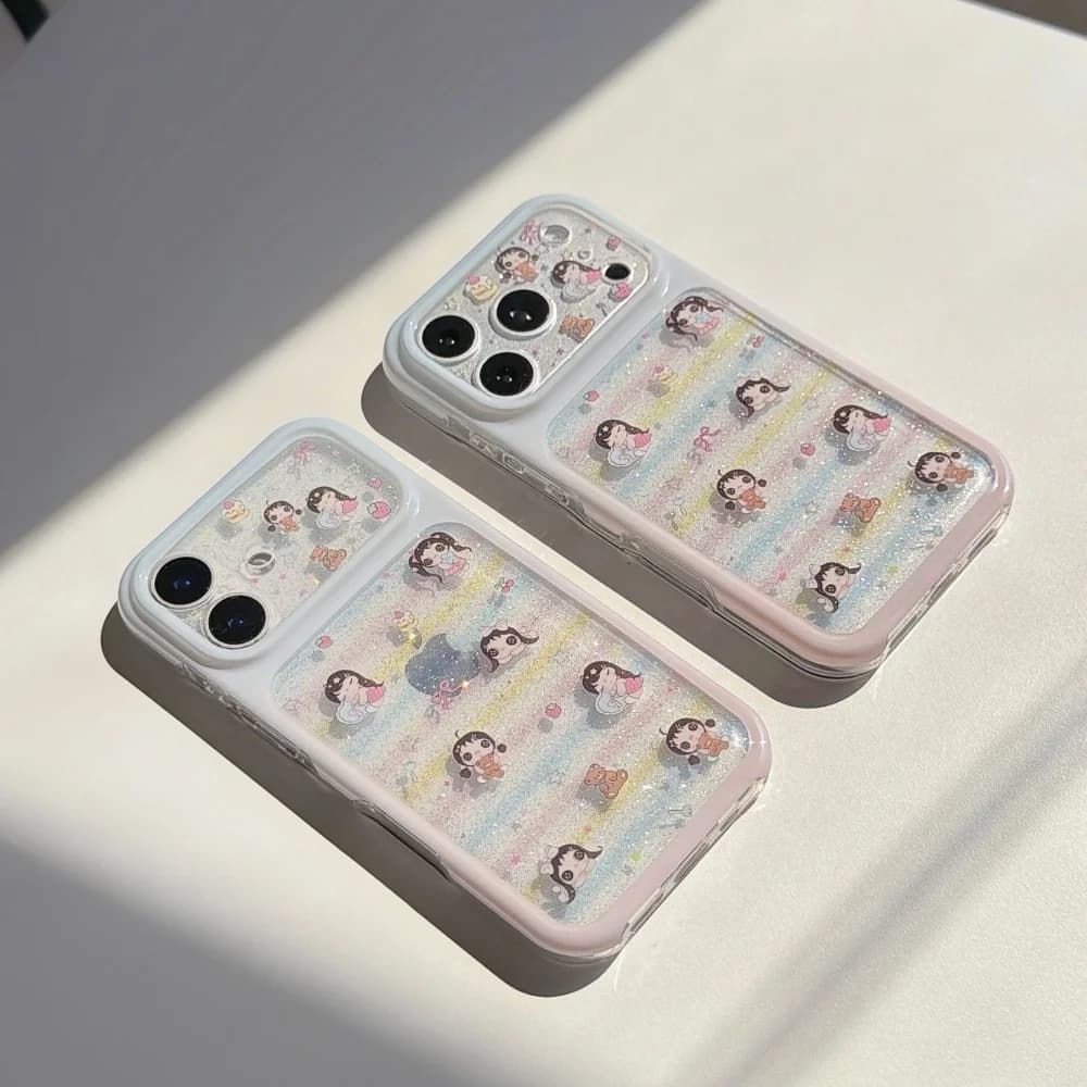 Kawaii Cartoon Little Girl Glitter Rainbow Stripe Phone Case for iPhone 17 15 16 Pro Max Cute Shockproof Protective Cover